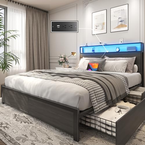 Lifezone Queen Bed Frame with 2-Tier Storage Headboard, Metal Platform Bed Frame with 4 Storage Drawers, Built in Charging Station & LED, Noise-Free/Metal Support/No Box Spring Needed, Rustic Grey - color: Rustic Grey, size: Queen