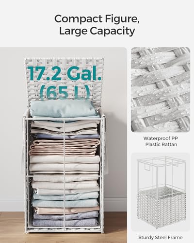 SONGMICS Laundry Hamper with Lid, 17.2 Gallon (65 L) Synthetic Rattan Clothes Laundry Basket with Lid and Handles, Foldable, Removable Liner, Cloud White ULCB165W01 | Clothes Laundry Basket with Handles, Removable Liner, Cloud White, ELIOTT Collection ULC