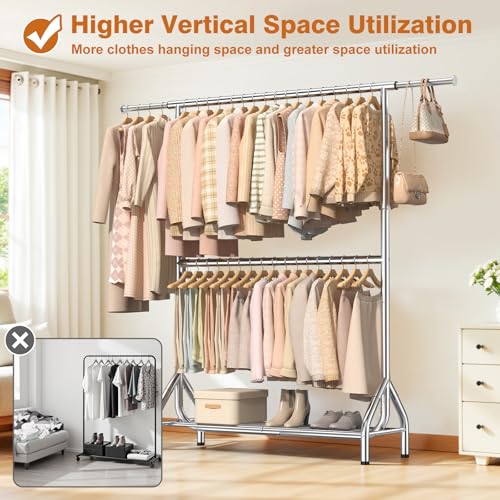 Double Rod Clothing Rack Load 622 LBS, Heavy Duty Clothes Rack for Hanging Clothes, 82.68 inch High Garment Rack with Sotrage Shelves, Metal Clothing Hanger Closet Wardrobe Organizer (Silver) - color: Silver