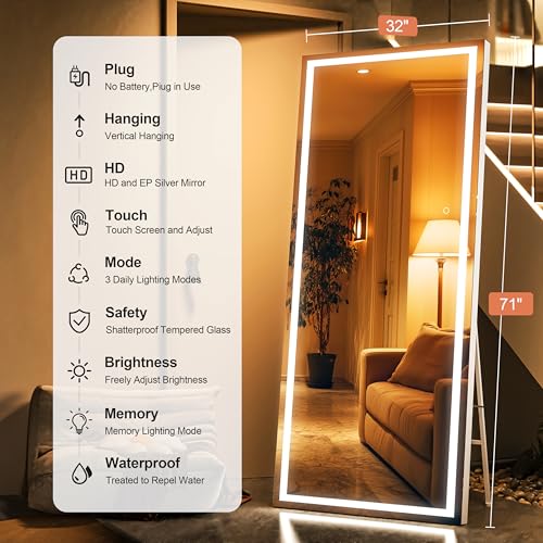 71" x 32" Full Length Mirror with Lights, LED Lighted Floor Standing Body Mirror, Dimmable & 3 Color Lighting for Bedroom, Cloakroom, Dressing Room, Tempered Glass, White Frame - color: White, size: 71"L x 32"W
