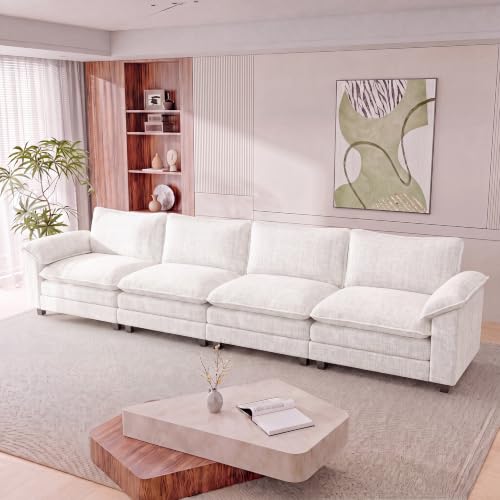 Homall 158.6" Cloud Couch, Modular Sectional Sofa, White | Comfy Chenille, Double Layer Cushions, 4 Seat, Sturdy Frame, High-Density Foam, Easy Assembly, Oversized Sofa for Living Room - color: White, size: Linear Sofa