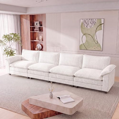 Homall 158.6" Cloud Couch, Modular Sectional Sofa, White | Comfy Chenille, Double Layer Cushions, 4 Seat, Sturdy Frame, High-Density Foam, Easy Assembly, Oversized Sofa for Living Room - color: White, size: Linear Sofa