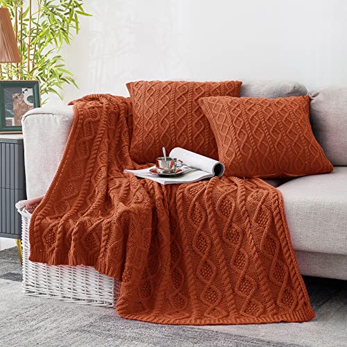 Homiest Rust Cable Knit Throw Blanket Set of 3, with 2 Pillow Covers | Pure Acrylic, Lightweight & Breathable, All-Season Use, Machine Washable, Wrinkle & Fade Resistant, for Couch Bed And Sofa - color: Rust, size: 50 x 60 Inch Blanket & 18 x 18 Inch Pill