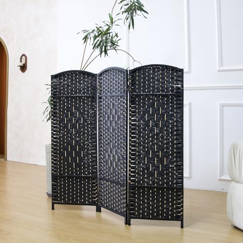 3-Panel Short Room Divider, 3.9 ft Freestanding Partition Wall, Natural Black Rattan Double-Sided Folding Screen for Living Room, Bedroom & Corner Privacy - color: Black, size: 3 Panel