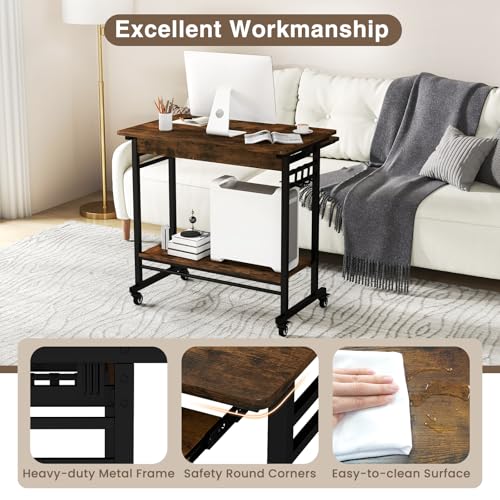 GOFLAME Mobile Computer Desk with Pull-Out Keyboard Tray, Compact Laptop Cart, Home Office Desk with Lockable Wheels, Writing Workstation, CPU Stand, Task Study PC Desk for Small Spaces, Study