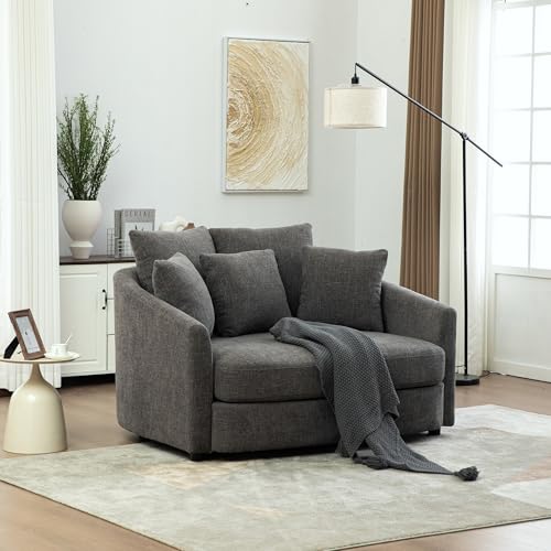 KEIKI 56" Oversized Chenille Single Sofa Chair with 5 Removable Pillows and High Density Foam Cushions, Modern 1-Seater Slipcoved Barrel Lounger Chair, Easy Assembly, for Living Room, Apartment, Gray - color: Grey