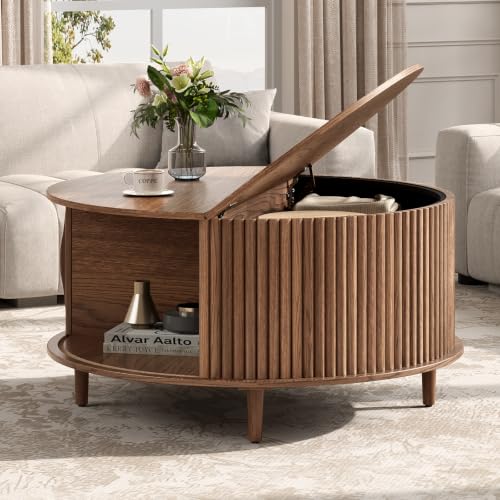 JOINICE 31.5" Round Coffee Table with Storage for Living Room, Walnut | Hidden Storage,Fluted Sliding Door,Mid Century Furniture for Small Apartments,Solid Wood Legs,Easy Assembly,Up to 110 lbs - color: Walnut_round