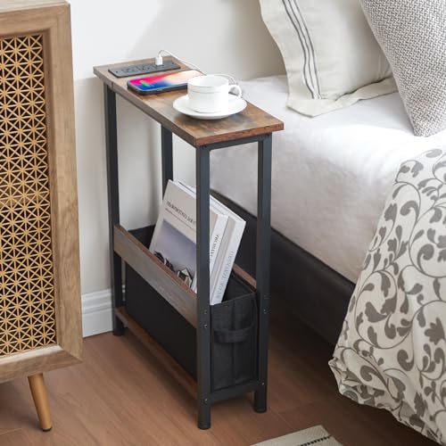 Slim Charging End Table with Storage - For Small Spaces and Bedroom - color: Rustic Brown