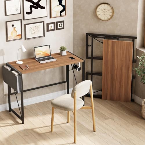 GarveeHome 39.4 Inch Folding Gaming Writing Computer Work Desk for Home Office,with Storage Bag & Hook,Space-Saving,Easy to Fold,Small Table for Bedroom,Apartment,Rustic Brown - color: Rustic Brown, size: 39.4"W x 15.7"D