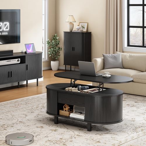43.3" Oval Lift Top Fluted Coffee Table with Sliding Door, Black | Mid-Century Modern Fluted Coffee Table with Lift Tabletop & Multi-Storage Spaces, Dining Table for Living Room, Home Office - color: Black