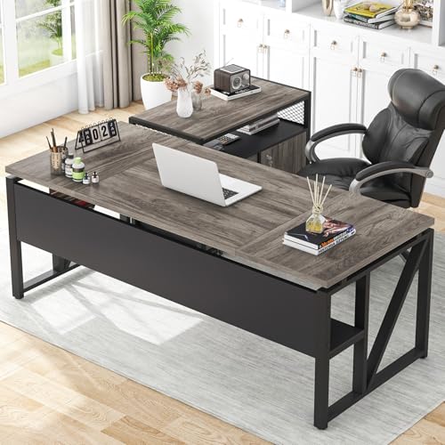 Tribesigns L Shaped Desk with Drawer Cabinet, 63" Executive Computer Desk and lateral File Cabinet, 2 Piece Home Office Furniture with Drawers for Hanging File, Doors with Locks (Gray, 63 inches) - color: Grey, size: 63 inches