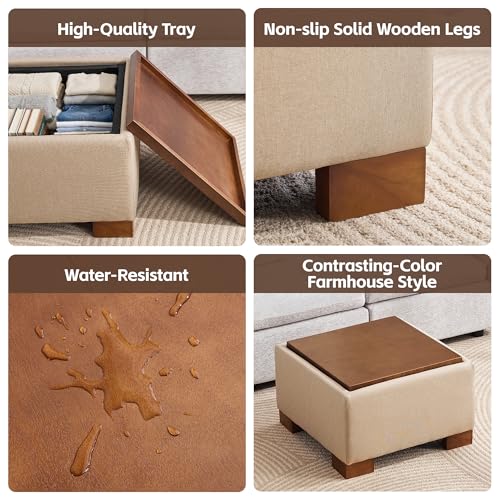WUTUTUEE 24" Square Ottoman Coffee Table with Storage, Fabric Ottomans with Tray and Solid Wood Legs for Living Room, Bedroom and Apartments, Small Modern Ottoman Tea Table with Lift-Off Lid, Khaki - color: 24'' Khaki Fabric