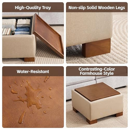 WUTUTUEE 24" Square Ottoman Coffee Table with Storage, Fabric Ottomans with Tray and Solid Wood Legs for Living Room, Bedroom and Apartments, Small Modern Ottoman Tea Table with Lift-Off Lid, Khaki - color: 24'' Khaki Fabric