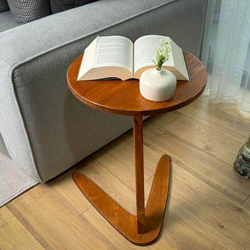 C-Shaped Handmade Solid Wood End Table, Side Table for Couches, Sofa Tables Slide Under Couch for Living Room, Over Couch TV Tray Table for Small Spaces (Medium, Chestnut) - color: Chestnut, size: Medium