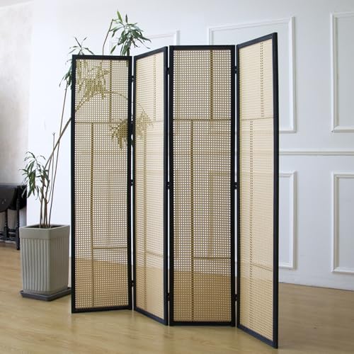 4 Panel Rattan Room Divider, 5.6 ft Tall Double-Sided Folding Privacy Screen for Room Separation, Decorative Panel Screen with Brown Wood Frame for Home & Office (67" H x 63" W)