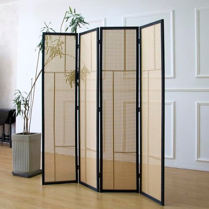 4 Panel Rattan Room Divider, 5.6 ft Tall Double-Sided Folding Privacy Screen for Room Separation, Decorative Panel Screen with Brown Wood Frame for Home & Office (67" H x 63" W)