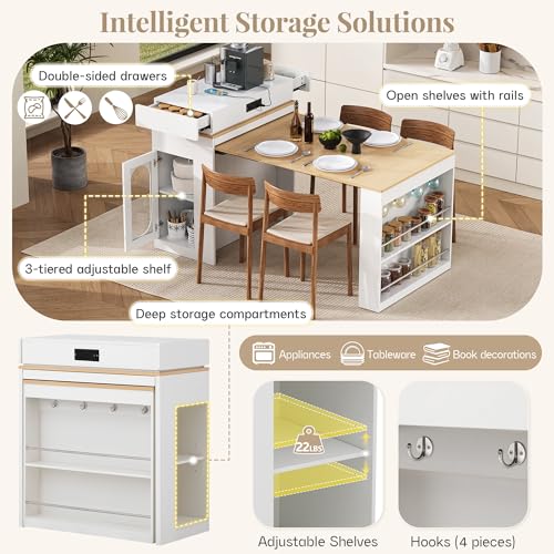 Extendable Dining Table with Folding Tabletop & Power Outlet, Modern Kitchen Island Sideboard with Wheels, Hidden Drawers & USB Charging, Sturdy Buffet Table for Small Spaces (Creamy White+Natural) - color: Creamy White+natural