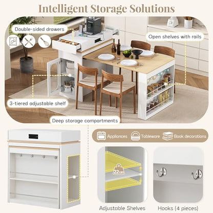 Extendable Dining Table with Folding Tabletop & Power Outlet, Modern Kitchen Island Sideboard with Wheels, Hidden Drawers & USB Charging, Sturdy Buffet Table for Small Spaces (Creamy White+Natural) - color: Creamy White+natural