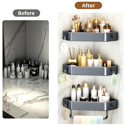 3-Tier Corner Shower Caddy, Rustproof Shower Shelf, Adhesive/Drill | Adhesive/drill, Fits tile/marble/glass, 6 hooks & towel bar, for renters & apartments, kitchen, laundry, grey