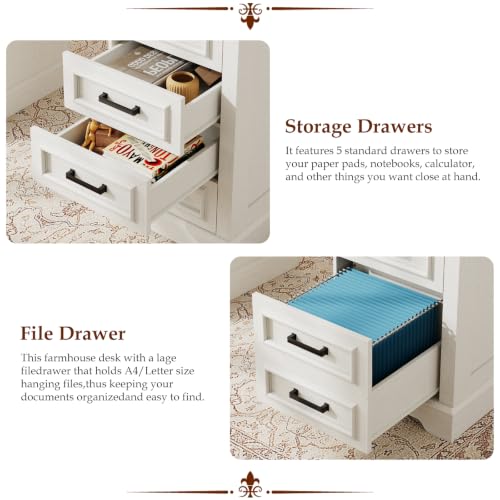 Vabches Farmhouse Executive Desk with Charging Station, White and Brown | 55'' Large Wooden Computer Desk with 7 Drawers, Workstation Computer Desk with File Cabinet for Home Office and Study - color: Rustic White and Rustic Black