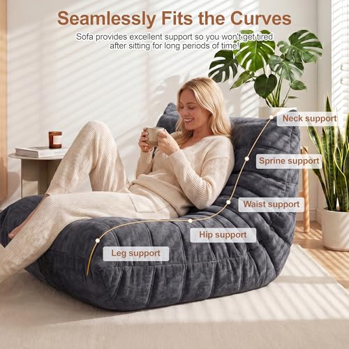 Shintenchi 빈백 소파 의자, 고밀도 메모리 폼 충전재가 있는 인조 모피 바닥 라운저, 거실, 침실, 기숙사 및 독서실을 위한 편안하고 팔이 없는 레이지 소파, 조립 필요 없음, 블랙 - color: 블랙.