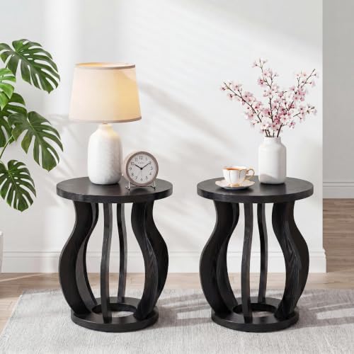 Tribesigns Round End Side Table Set of 2: Farmhouse Wooden Side Table for Living Room, Bedside Nightstand with Curved Frame, Accent Nightstand for Bedroom, Small Spaces, Black(2PC) - color: Black