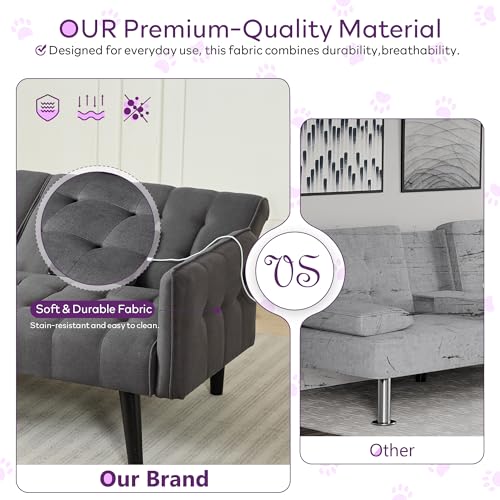 65'' Convertible Futon Sofa Bed with USB, Small Couch for Living Room | Sleeper Sofa, Adjustable Folding Couch with Tufted Design and 2 USB Ports, Bedroom Apartment Office, Dark Grey - color: Dark Grey