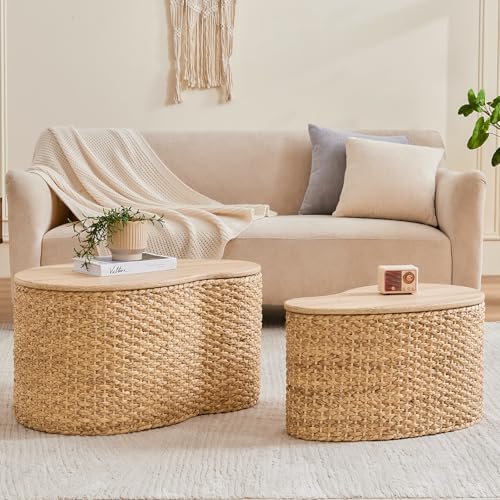 Cloud Nesting Coffee Table Set of 2 with Storage - Handwoven Wicker Rattan Ottoman Style, Boho Coastal Coffee Tables for Living Room, Rattan Coffee Table with Cover & Soild Wood Frame - color: Light Natural - Heart Shape