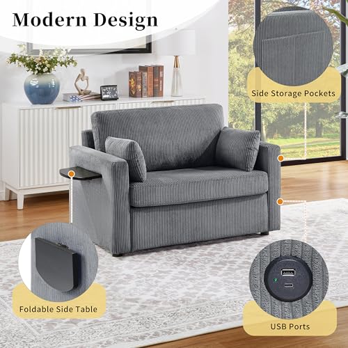 Twin Sofa Bed 47.2" Sleeper Loveseat with Foldable Mattress, Gray | Space-saving guest room furniture, pull-out sleeping solution, compact footprint, convenient charging, lounge-to-bed design - color: Grey