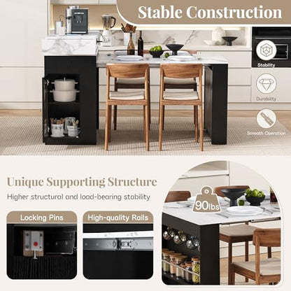 Extendable Dining Table with Folding Tabletop & Power Outlet, Modern Kitchen Island Sideboard with Wheels, Hidden Drawers & USB Charging, Sturdy Buffet Table for Small Spaces (Black) - color: Black