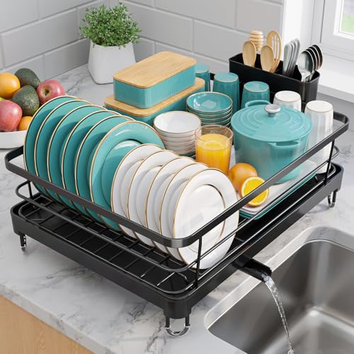 Sakugi Stainless Steel Dish Drying Rack for Kitchen Counter, Sink Organization and Storage Essentials with Silverware & Utensil Holder, Home and Apartment Decor, 12.5''W x 16.5'L, Black - color: Black, size: Large - 12.5"W X 16.5"L