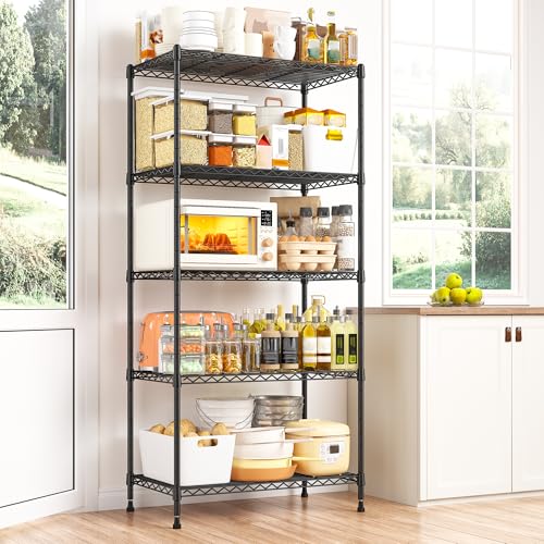 REIBII 60" H Wire Shelving, 1000LBS Heavy Duty & Adjustable, for Kitchen | Space Saving, Leveling Feet, Powder Coated Waterproof, Tool-Free Shelves, Freestanding, Anti-Tipping, Rust-resistant - size: 5 Tier,13.4" D x 23.2" W x 60" H