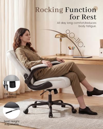 COMHOMA Mid-Back Office Chair, Ergonomic PU Desk Chair with Flip up Arms, Small Computer Gaming with Comfy Lumbar Support,Rocking Function,Sturdy Metal Base, White - color: White