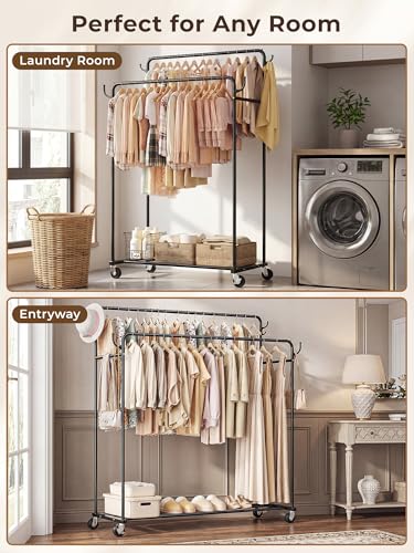 Clothes Rack, Rolling Clothing Rack with Double Rods for Hanging Clothes, Portable Garment Rack with Wheels, Metal Wardrobe Closet Organizer for Bedroom and Laundry Room