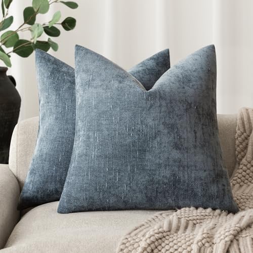 Foindtower Pack of 2 Soft Textured Chenille Throw Decorative Pillow Covers Square Accent Solid Cushion Cover Cozy Neutral Farmhouse Pillow Case for Couch Sofa Bedroom Living Room 16x16 Inch,Blue - color: Blue Fusion, size: 16" x 16" (Pack of 2)