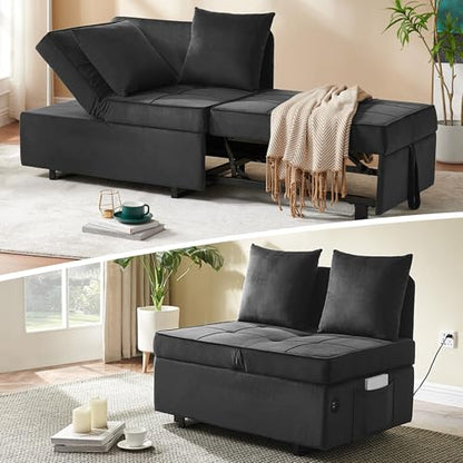 Convertible Sofa Bed 4-in-1 Pull Out Couch, Ottoman Bed Sleeper, Dark Grey | Velvet Love seat Couch Sleeper Chair Bed with USB Ports, 5 Adjustable Backrest and Pillow for Living Room Apartment Office - color: Grey