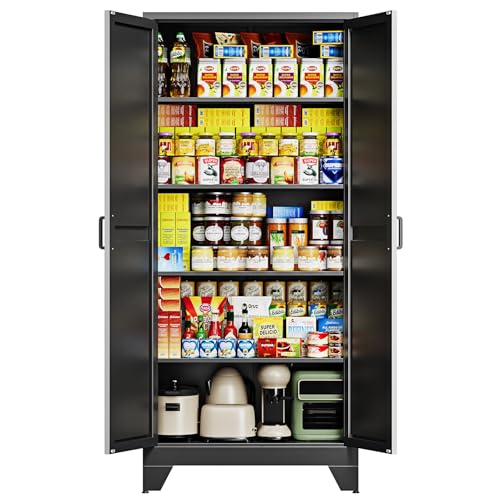 75" H Metal Storage Cabinet with 2 Doors and 4 Shelves,Tall Kitchen Pantry Cabinets,Farmhouse Utility Pantry Organizers for Cupboard/Dining/Bathroom/Home Office/Garage Room,Black - color: Black, size: 16” D x 32” W x 75” H