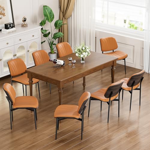 YaFiti Mid Century Dining Chairs Set of 2 with Walnut Bentwood, Orange | Ergonomic Walnut Backrest, Upholstered Waterproof PU Leather Seat, Stable Metal Legs, Adjustable Footpads, Apartment Friendly - color: Orange Scallop
