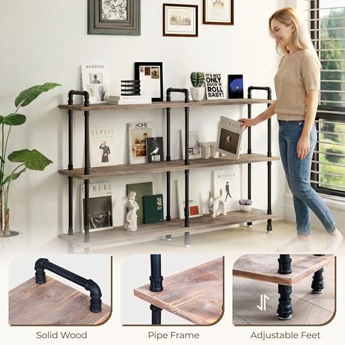 Industrial Bookshelf, Pipe Shelf Bookcase, 3 Tier, 60" Weathered Brown | Solid pine shelves, 60 inch wide, black pipe frame, 70 lbs per shelf, open bookcase for books, plants, office - color: Weathered Brown, size: 60"L × 39"H