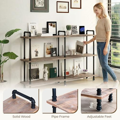 Industrial Bookshelf, Pipe Shelf Bookcase, 3 Tier, 60" Weathered Brown | Solid pine shelves, 60 inch wide, black pipe frame, 70 lbs per shelf, open bookcase for books, plants, office - color: Weathered Brown, size: 60"L × 39"H