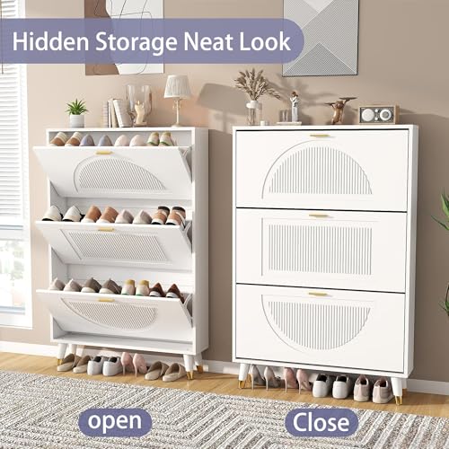 Shoe Cabinet Storage for Entryway: 32" White Slim Shoe Storage Cabinet with 3 Flip Drawers, Narrow Hidden Shoes Storage, Wood Shoes Organizer Cabinets for Hallway (1, 3-Drawers) - size: 3-Drawers