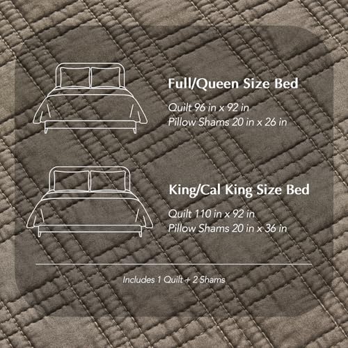 EVERGRACEHOME Cotton Sateen Windowpane Quilt Set Queen Size, Mocha Brown | 100% Cotton, Pre-Washed Soft Coverlet Bedspread, 3-Piece Lightweight Bedding Set for All Season, with 2 Pillow Shams - color: Mocha Brown - Windowpane, size: Full/Queen (96" X 92")