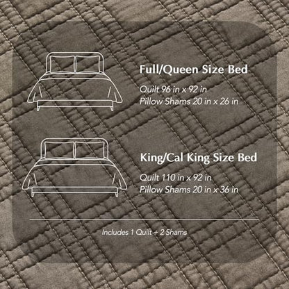 EVERGRACEHOME Cotton Sateen Windowpane Quilt Set King Size, Mocha Brown | 100% Cotton, Pre-Washed Soft Coverlet Bedspread, 3-Piece Lightweight Bedding Set for All Season, with 2 Pillow Shams - color: Mocha Brown - Windowpane, size: King (110" X 92")