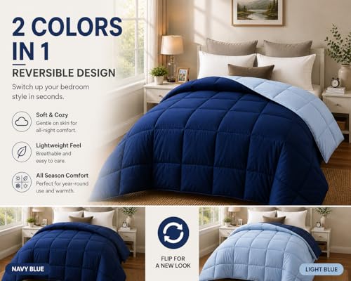 EVOLIVE Microfiber Reversible All Season Comforter Twin (Navy/Light Blue) | Soft brushed microfiber with down-alternative fill offers medium-weight warmth, box stitching, and easy machine care - color: Navy/Light Blue, size: Twin