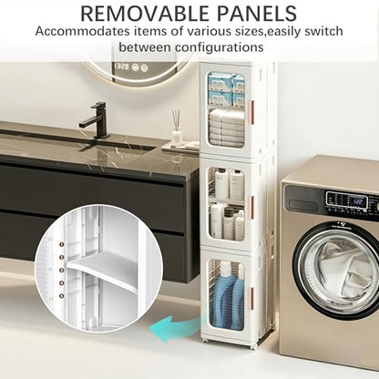 Tall Narrow Storage Cabinet with Movable Wheels, Adjustable Shelves & Magnetic Doors – Foldable Slim Plastic Organizer for Bathroom, Kitchen, Laundry, Ideal for Small Spaces(4-Tier,White) - size: 11.2"D x 9.6"W x 65.4"H