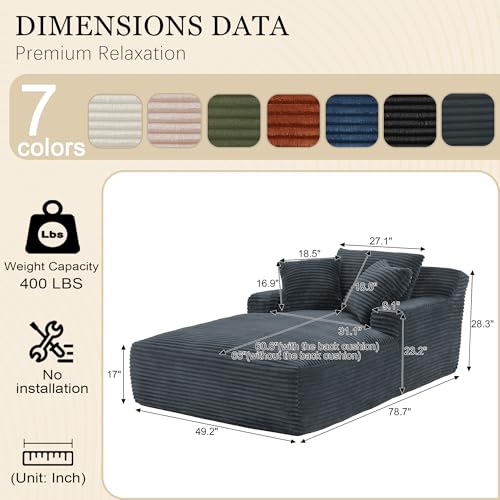 80 Inch Chaise Lounge Chair Indoor, Oversized Corduroy Upholstered Boneless Sofa Bed, Deep Seat Sleeper Couch Reading Chairs, Cloud Sofas Couches for Living Room, No Assembly Required (Dark Grey) - color: Dark Grey, size: 50"W x 80"D