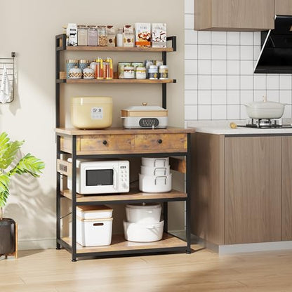 Mexin Bakers Rack with Power Outlets, 5-Tier Microwave Oven Stand with 2 Drawers, Kitchen Stand Coffee Bar Table with Storage, Heavy Duty Kitchen Shelves(Brown) - color: Rustic Brown