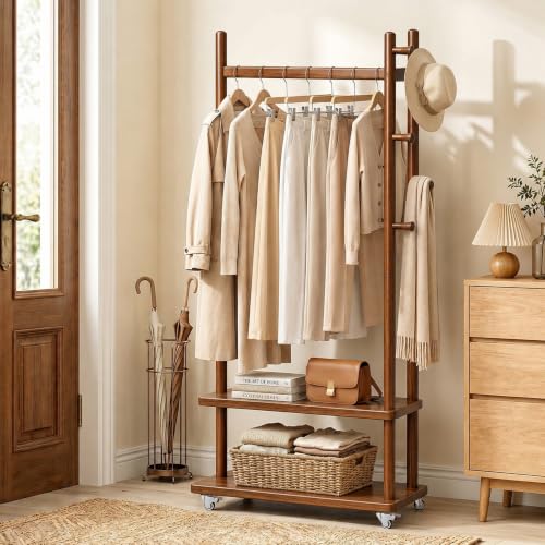 Coat Rack Solid Wood Stand Storage 2 Shelves 4 Hooks Entryway | Hallway bedroom living room office, durable wood construction, freestanding design, coats hats bags storage - size: Walnut - L: 13''Wx 24.8"D x 71"H (With Wheels)