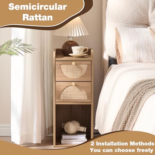 Narrow Nightstand Set of 2 (Rattan & Wood) - Small Bedside Table with 2 Drawers, Open Shelf, Mid Century Modern End Table - for Bedroom, Living Room & Small Spaces, Rustic Oak Rattan - color: Rustic Oak Rattan, size: 9.9"W (2 Pc)