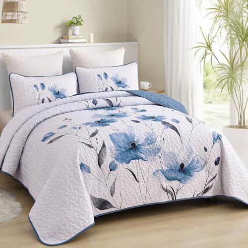 Mybedsoul King Size Quilt Set Blue, 3 Pcs Soft Bedspreads & Coverlets Set | Summer Lightweight Farmhouse Botanical Bedding Set with 2 Shams, Reversible Polyester Coverlet Set for All Seasons, 104"x90" - color: Blue, size: King104"x90"
